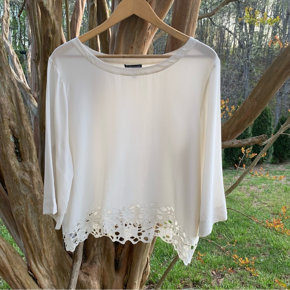 Eileen Fisher Silk Laser Cut Hem Blouse in Ivory